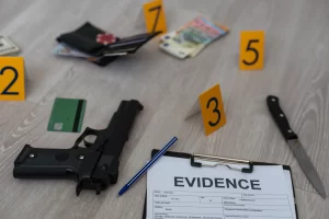 Picture showing an example crime scene featuring evidence in the form of a gun, wallet and knife