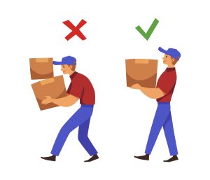 A cartoon infographic illustrating the proper form for manual handling